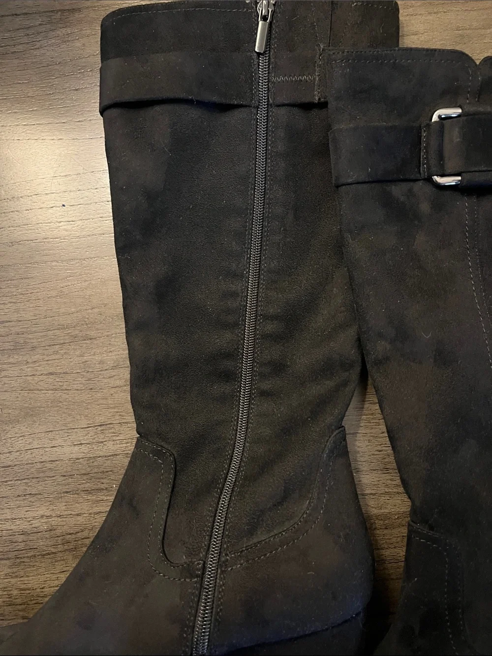Women's Black Suede Knee-High Wedge Boots with Buckle Detail